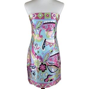 Melly M Silk Strapless Abstract Pink Blue Green Black Dress